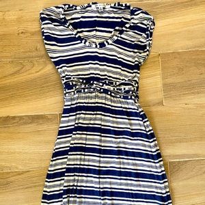Midi length blue and white striped dress